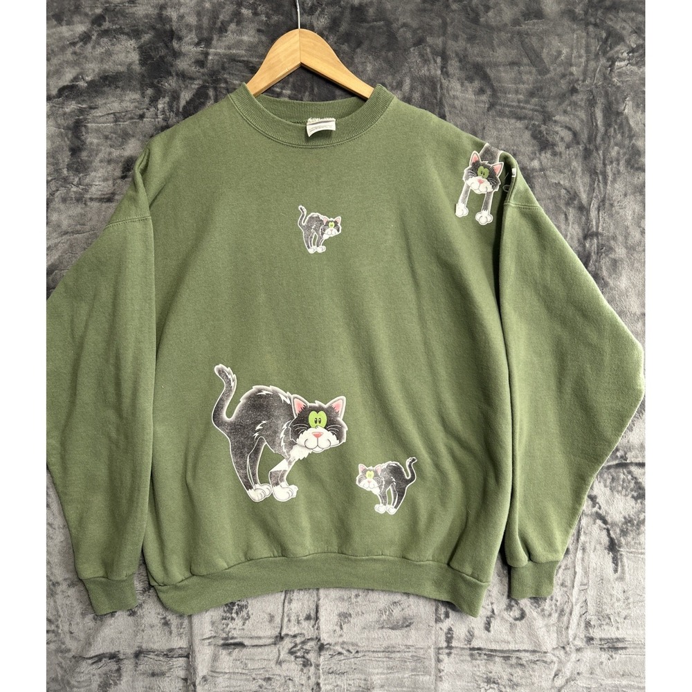Vintage 90s Cat Green Sweatshirt Adult XL Hanes Comfort Blend PrintPro USA Flaw